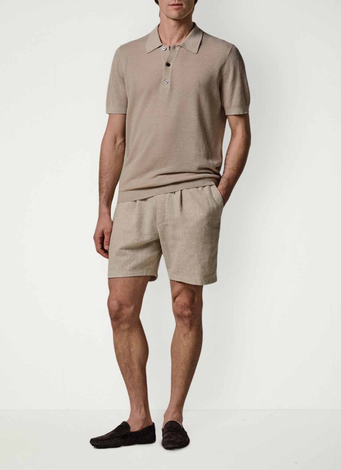 Profuomo Loose fit korte broek in linnenblend - voorkant 3 beige