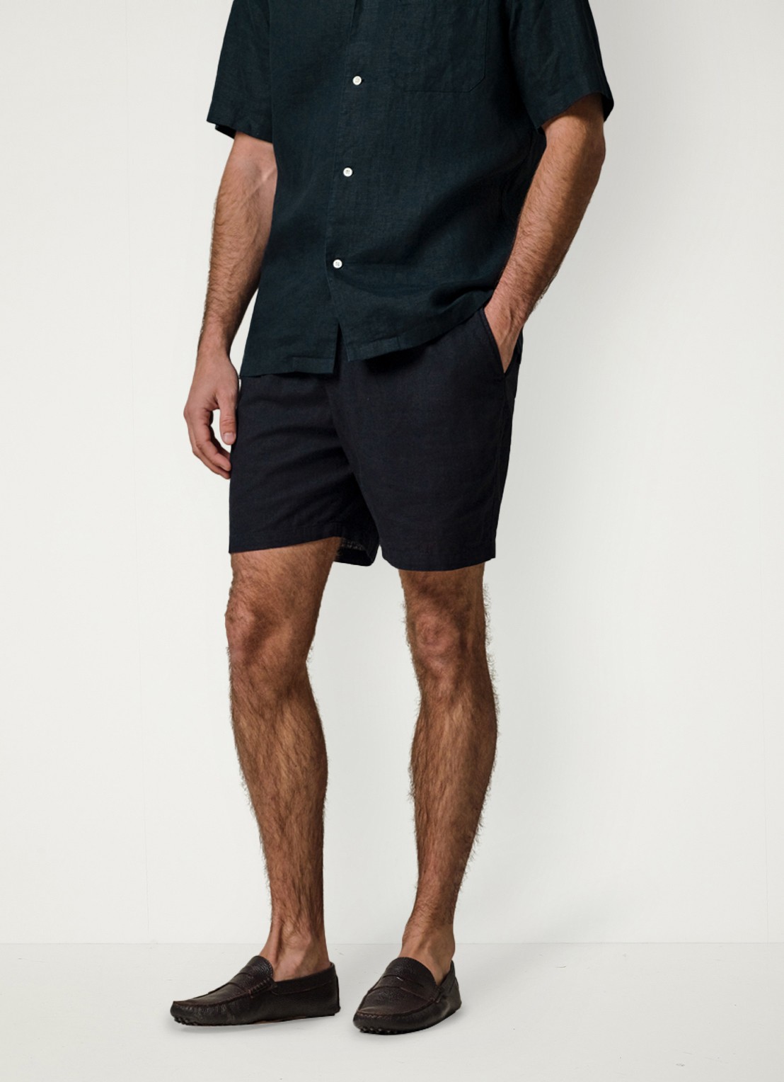 Profuomo Loose fit korte broek in linnenblend - detail blauw