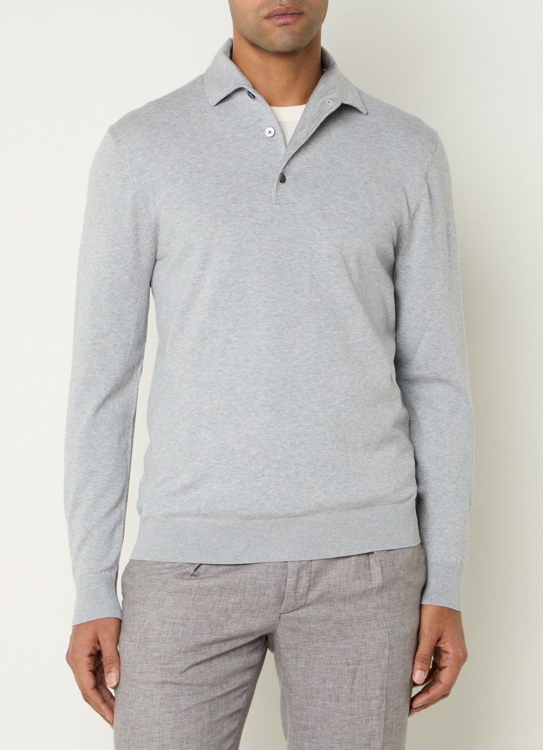 Profuomo Luxury fijngebreide regular fit polo  - detail 2 lichtgrijs