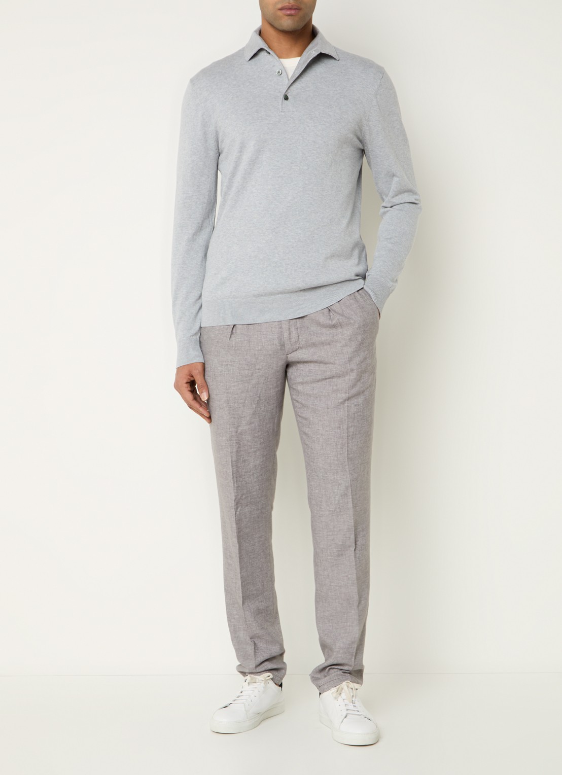 Profuomo Luxury fijngebreide regular fit polo  - voorkant 4 lichtgrijs