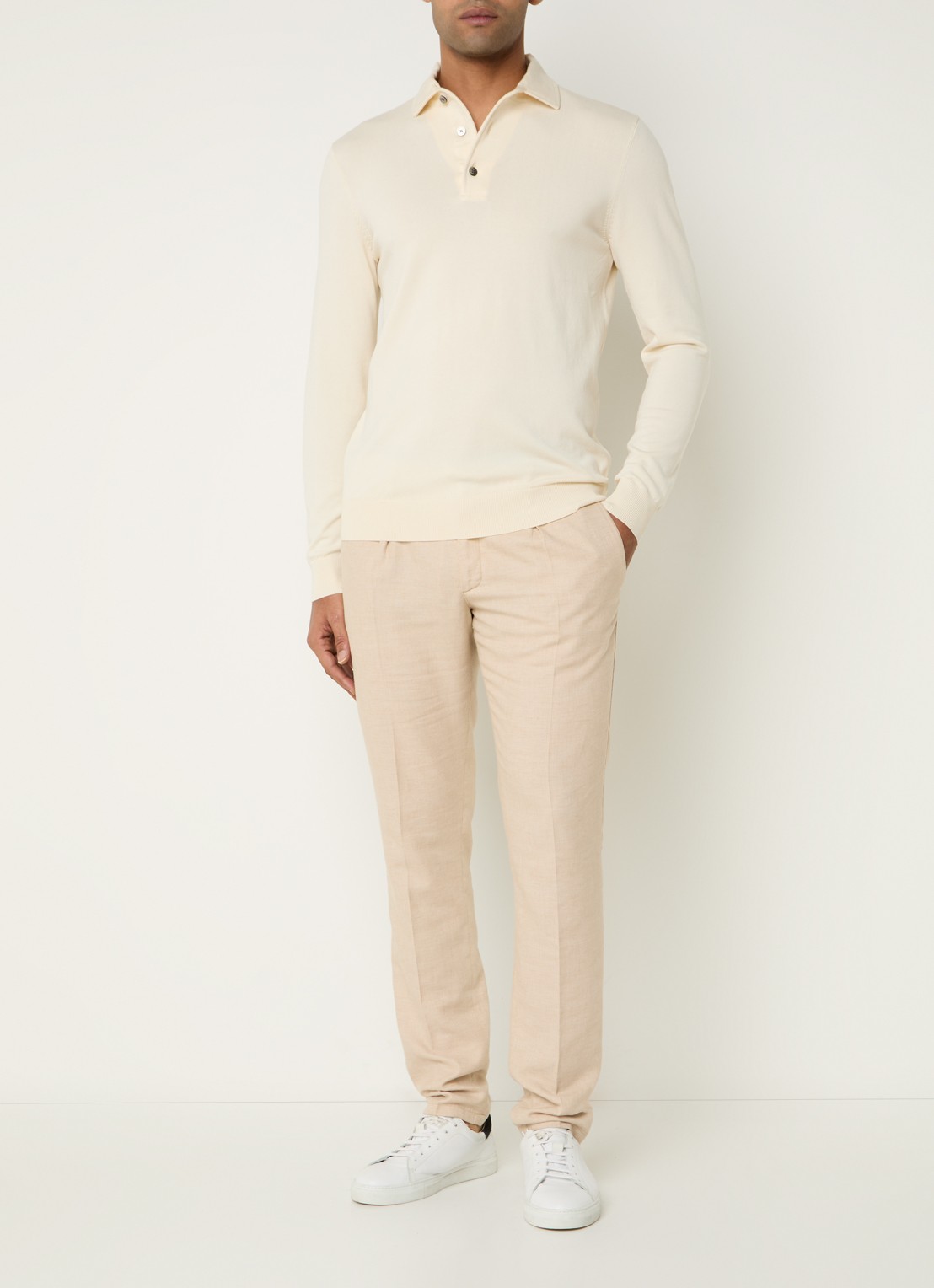 Profuomo Luxury fijngebreide regular fit polo  - voorkant 3 creme