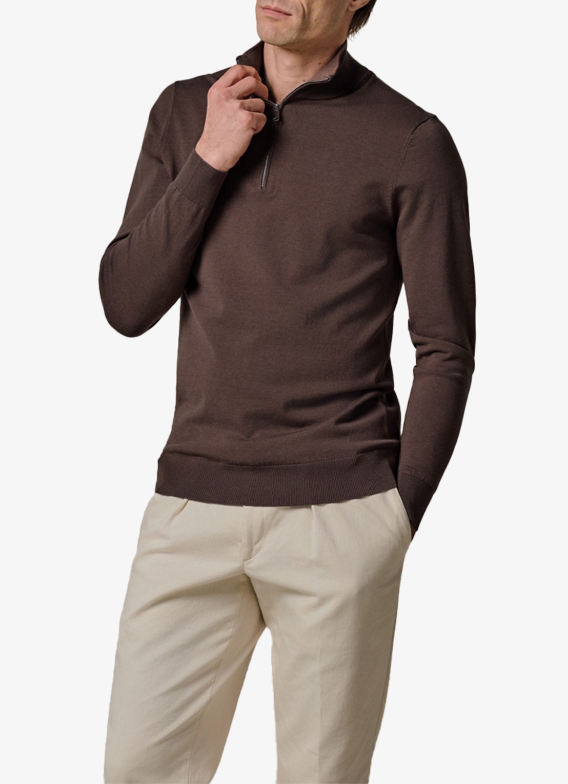 Profuomo Luxury fijngebreide trui met halve rits - detail bruin