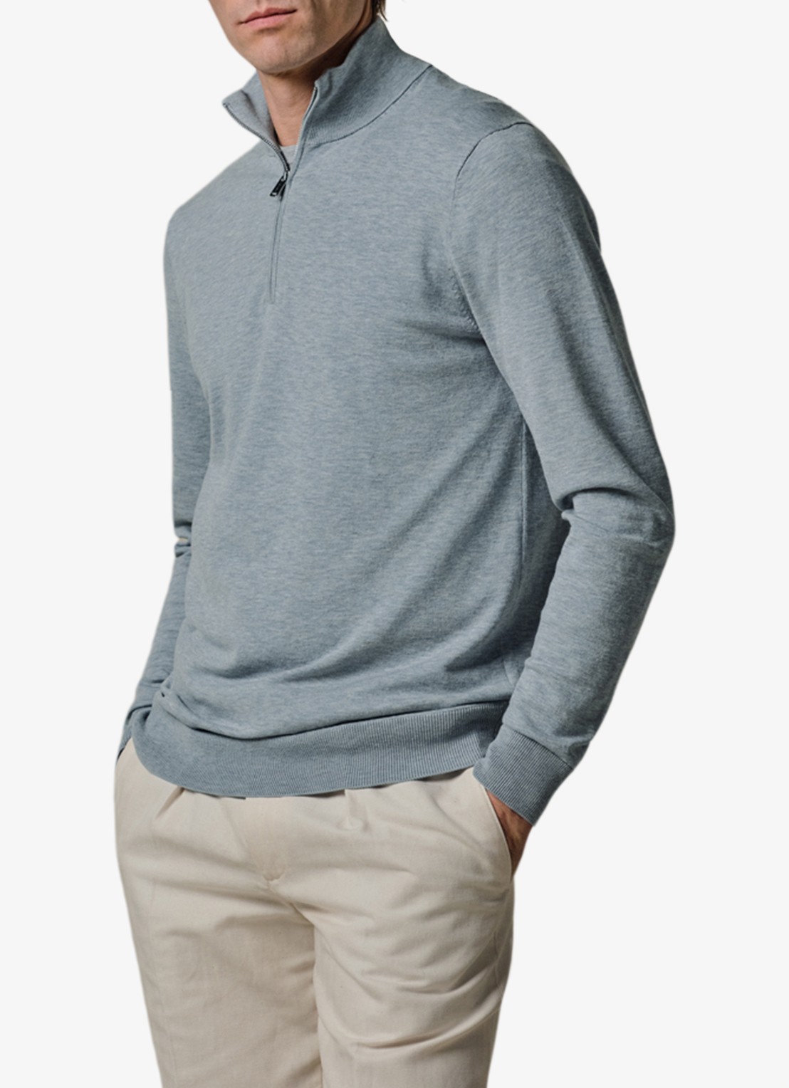 Profuomo Luxury fijngebreide trui met halve rits - detail blauw