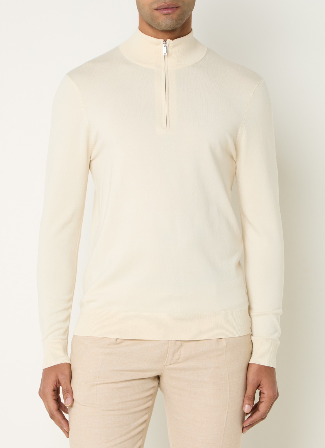 Profuomo Luxury fijngebreide trui  met halve rits - detail wit