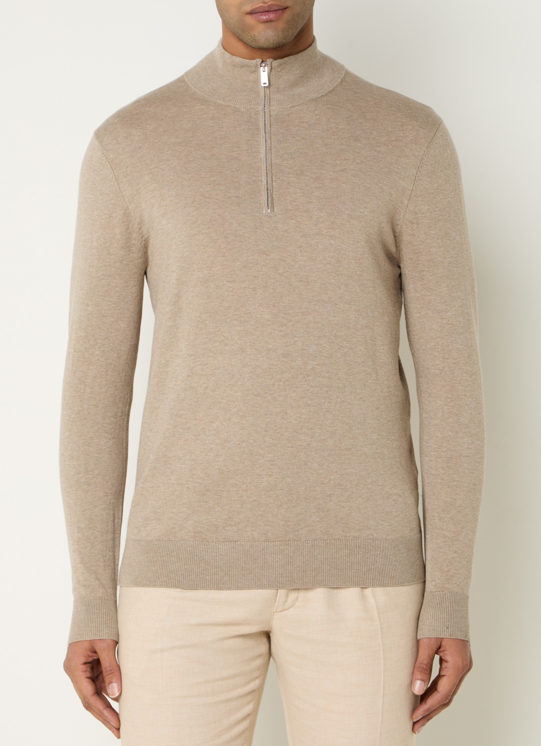 Profuomo Luxury fijngebreide trui  met halve rits - detail beige