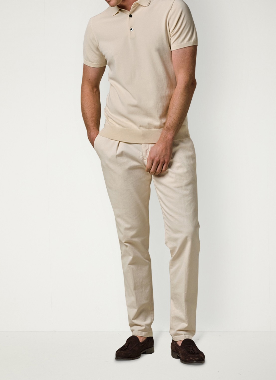Profuomo Luxury regular fit polo met gemêleerd dessin - voorkant 5 gebroken wit