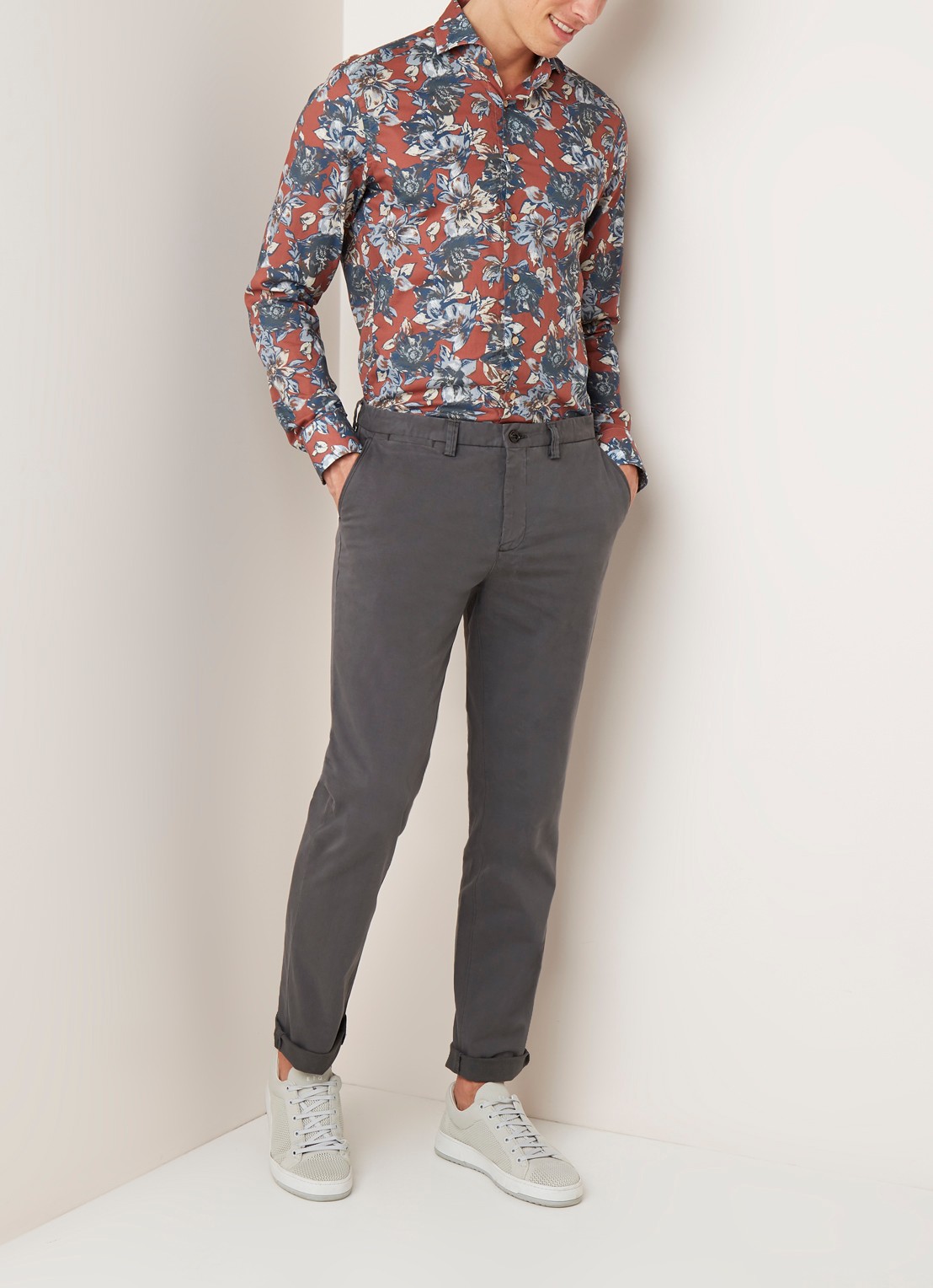 Profuomo Regular fit chino van katoen met stretch - voorkant 5 middengrijs