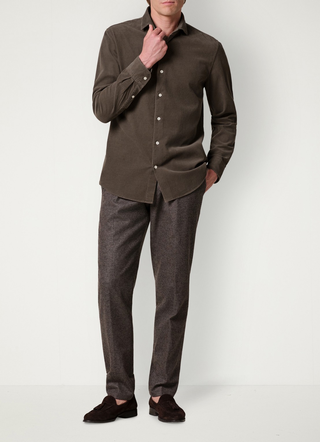 Profuomo Regular fit overhemd van corduroy - voorkant 6 bruin