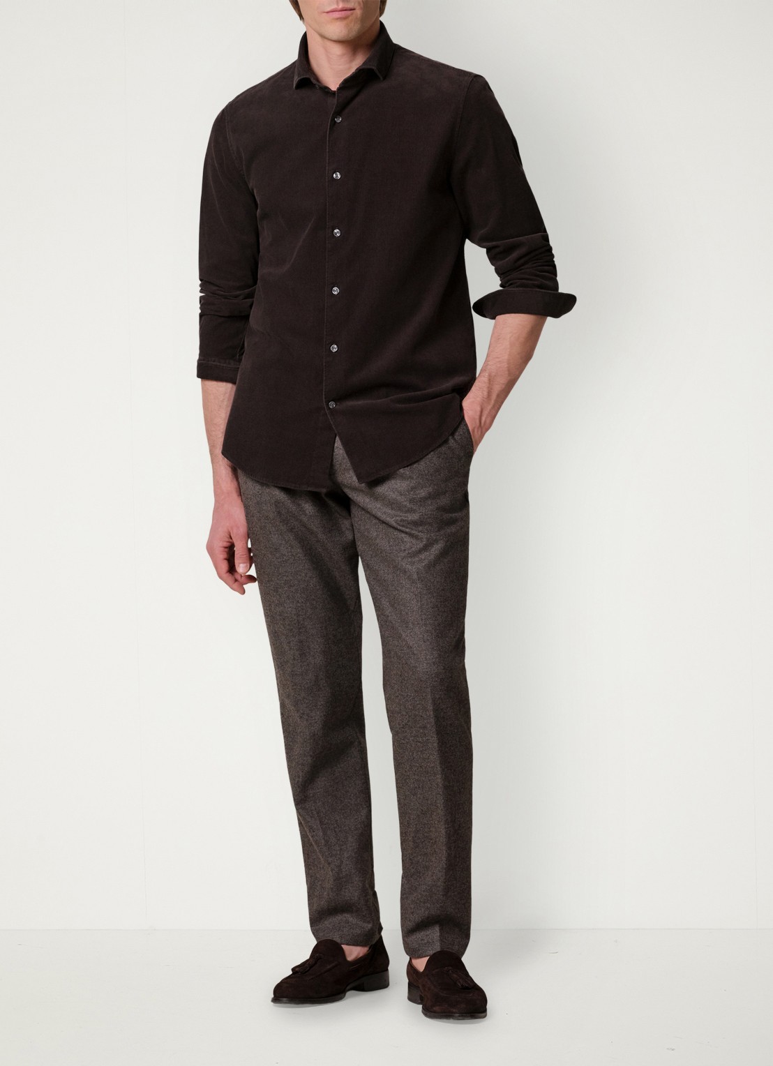 Profuomo Regular fit overhemd van corduroy - voorkant 5 donkerbruin