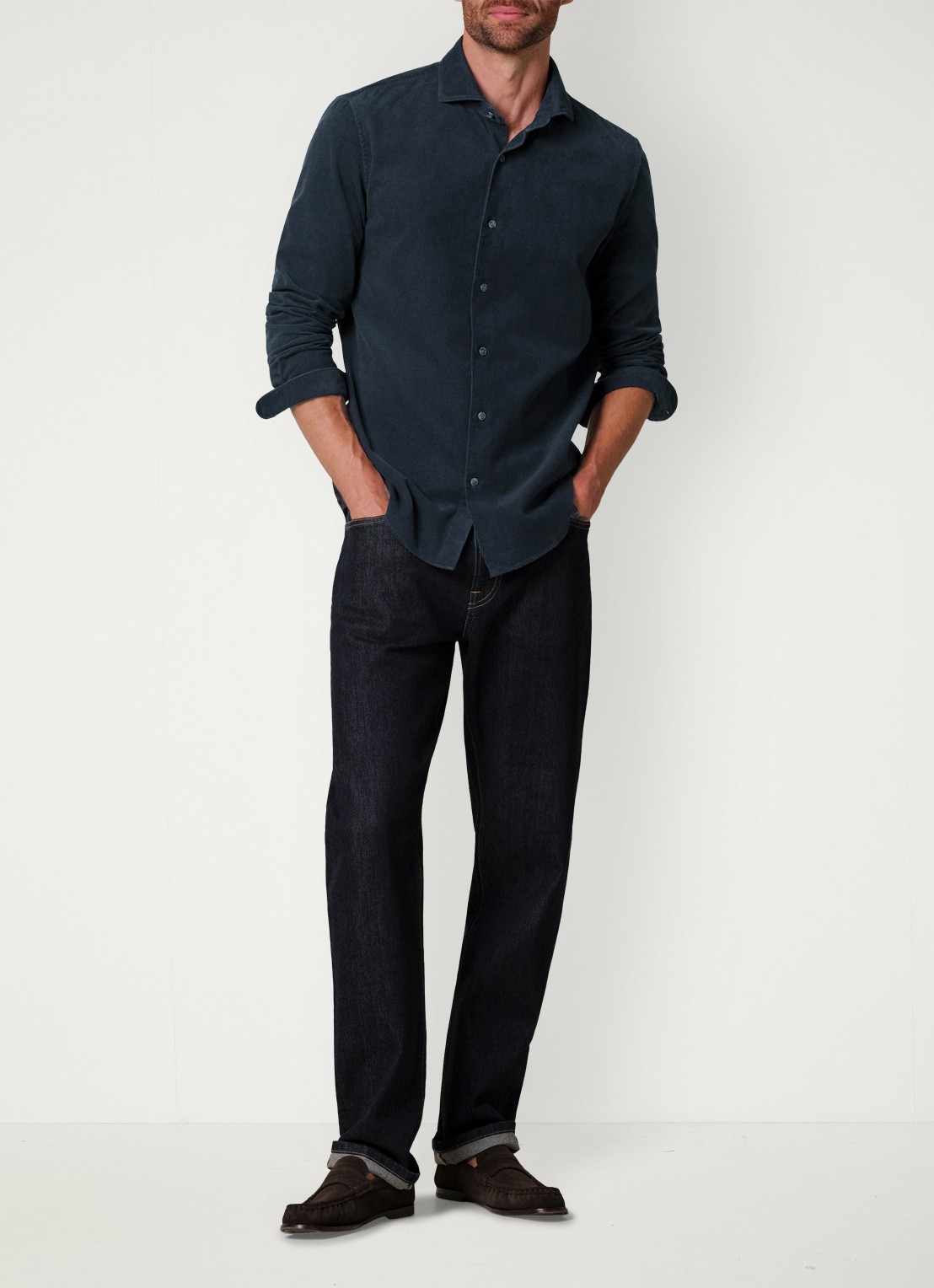 Profuomo Regular fit overhemd van corduroy - voorkant 2 donkerblauw