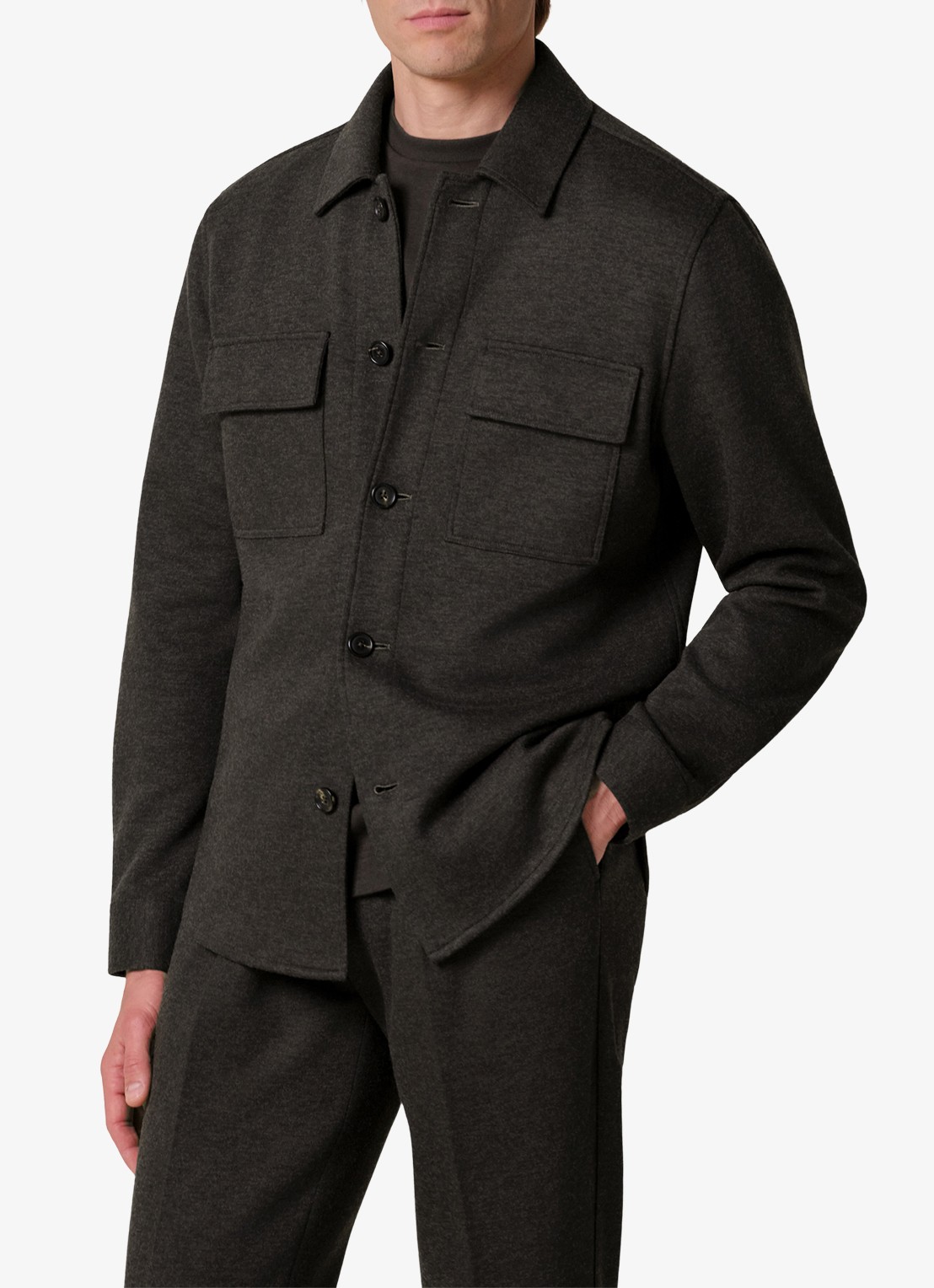 Profuomo Regular fit overshirt in wolblend met klepzakken - detail 2 donkerbruin