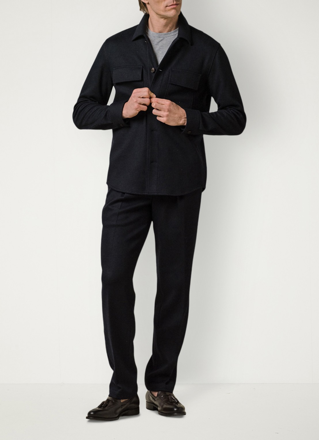 Profuomo Regular fit overshirt in wolblend met klepzakken - voorkant donkerblauw