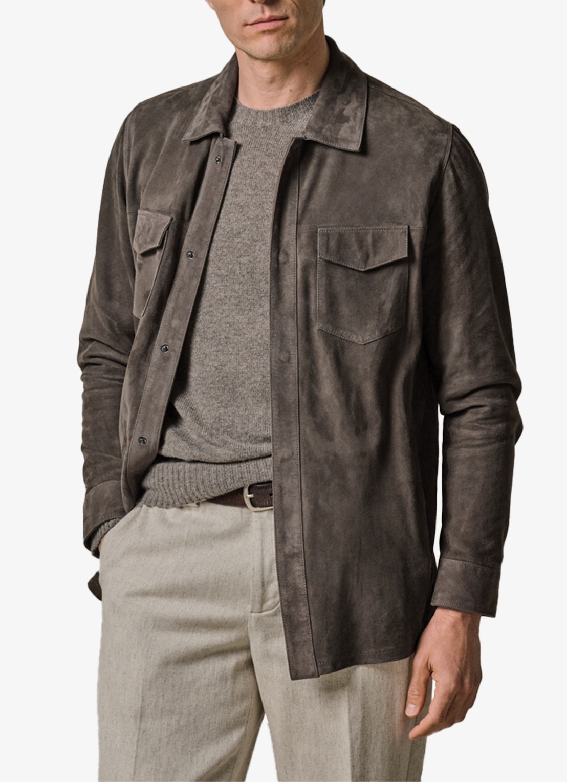 Profuomo Regular fit overshirt van suède met borstzakken - detail 3 taupe