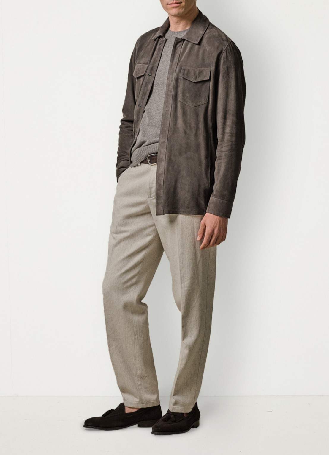 Profuomo Regular fit overshirt van suède met borstzakken - voorkant 2 taupe