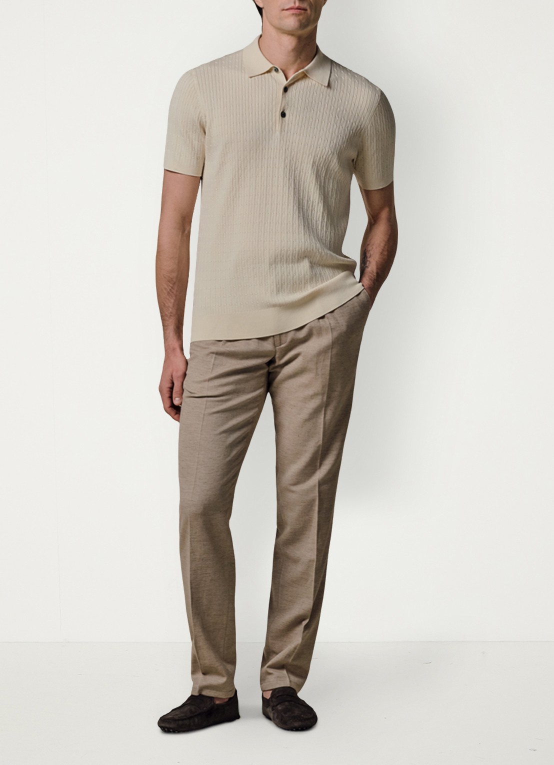 Profuomo Regular fit polo in zijdeblend - voorkant 6 gebroken wit