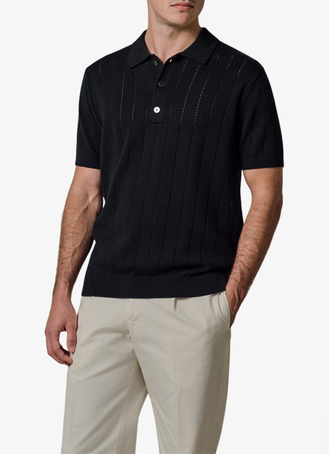 Profuomo Regular fit polo met opengewerkt dessin - detail donkerblauw