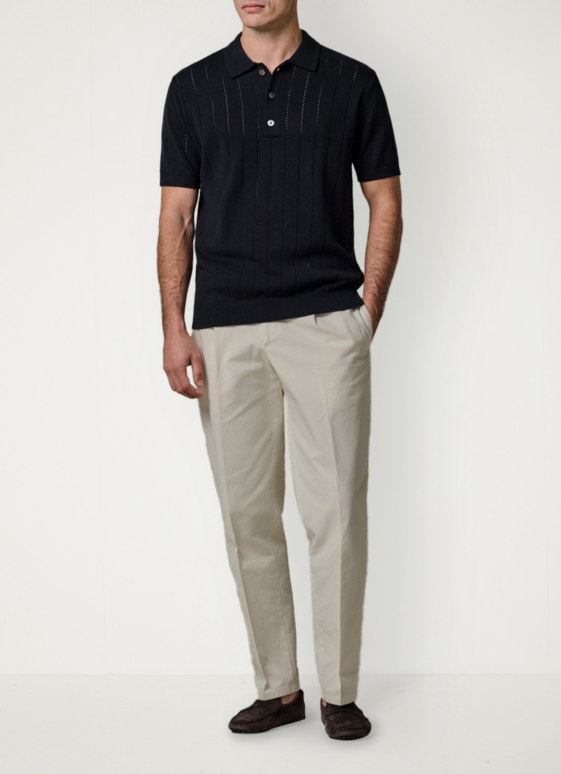 Profuomo Regular fit polo met opengewerkt dessin - voorkant 5 donkerblauw