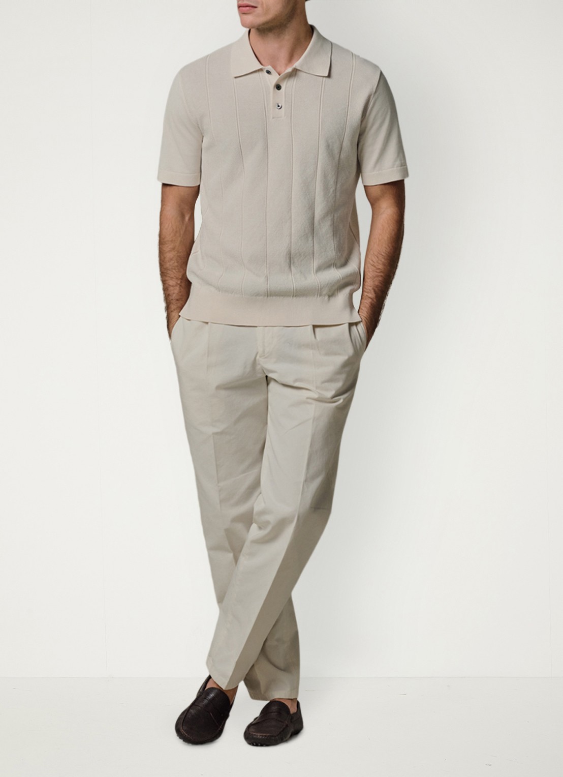 Profuomo Regular fit polo met structuur - voorkant 2 gebroken wit