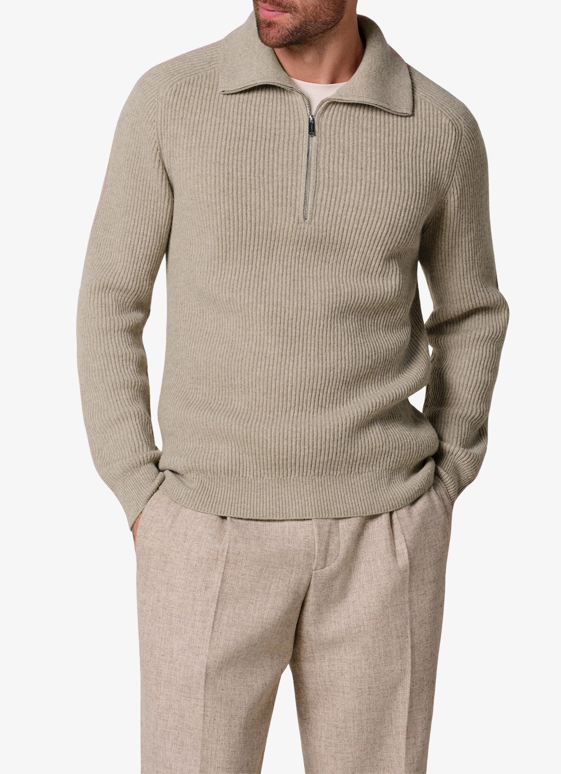 Profuomo Ribgebreide trui van wol met halve rits - detail beige
