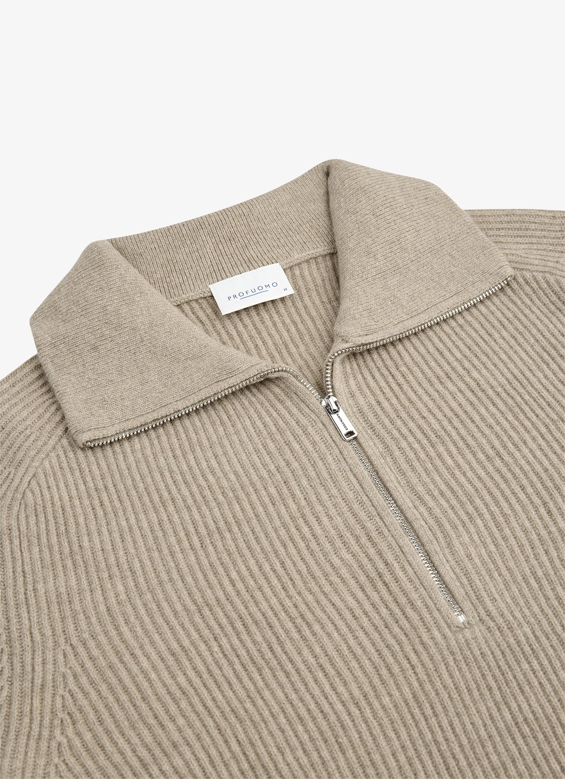 Profuomo Ribgebreide trui van wol met halve rits - detail 2 beige