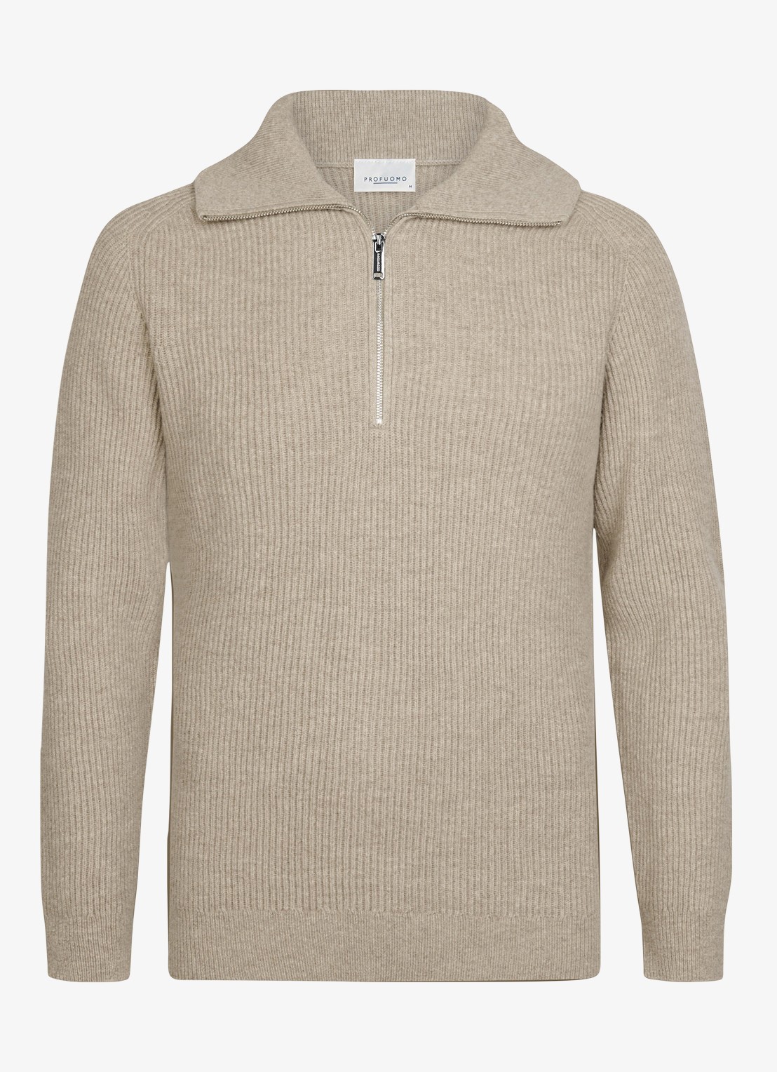 Profuomo Ribgebreide trui van wol met halve rits - voorkant 4 beige