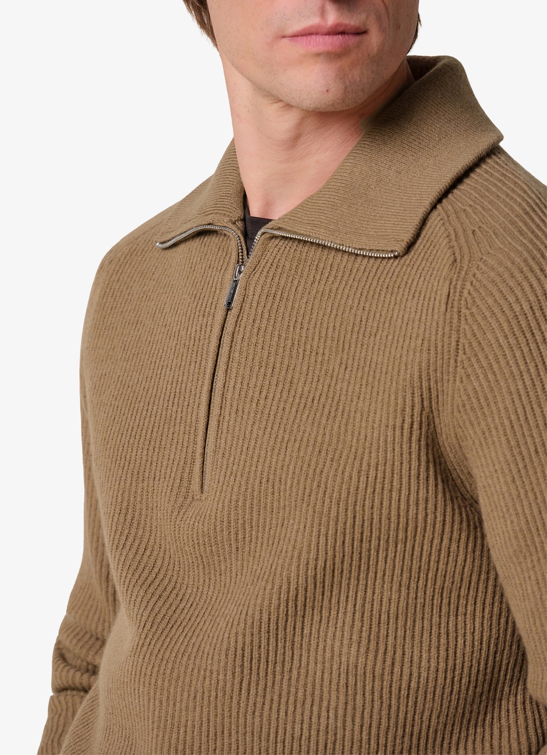 Profuomo Ribgebreide trui van wol met halve rits - detail 3 cognac