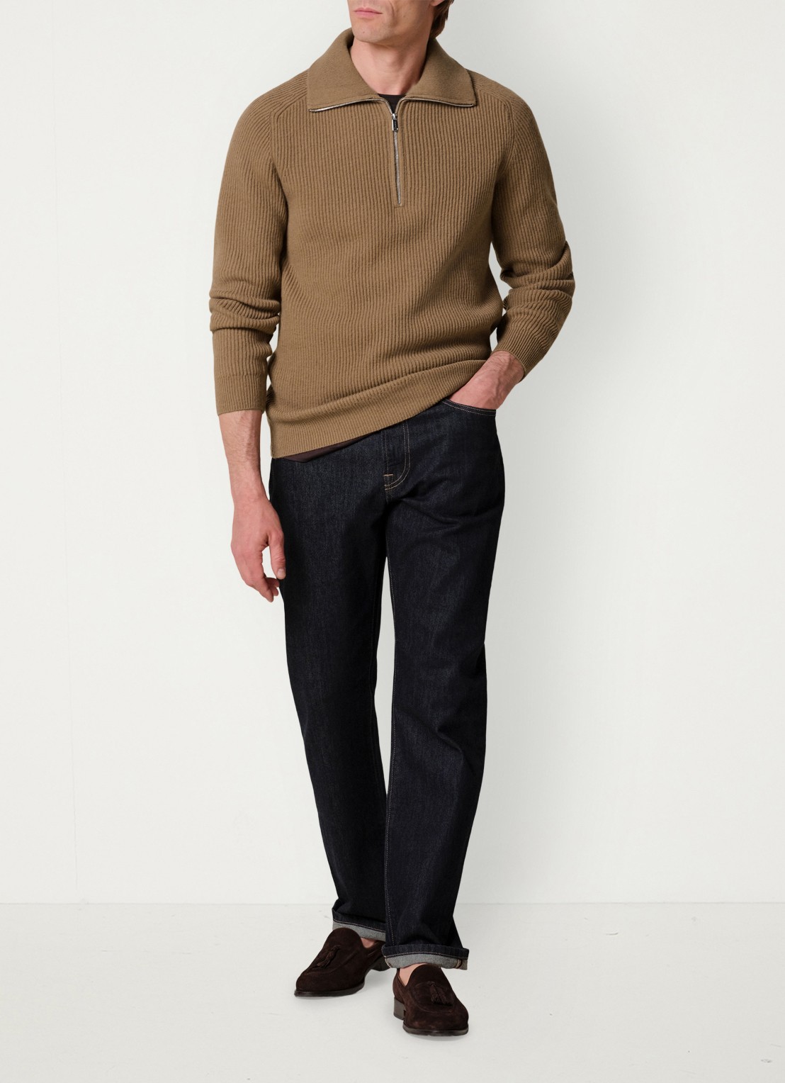 Profuomo Ribgebreide trui van wol met halve rits - voorkant 6 cognac