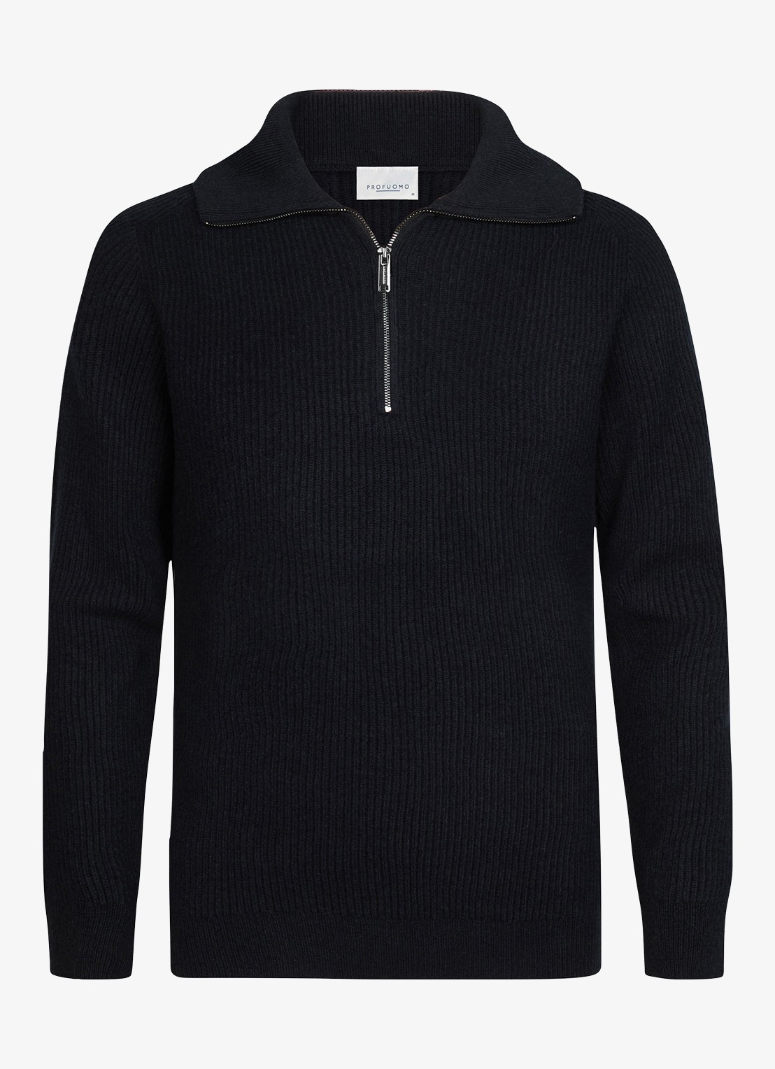 Profuomo Ribgebreide trui van wol met halve rits - voorkant donkerblauw