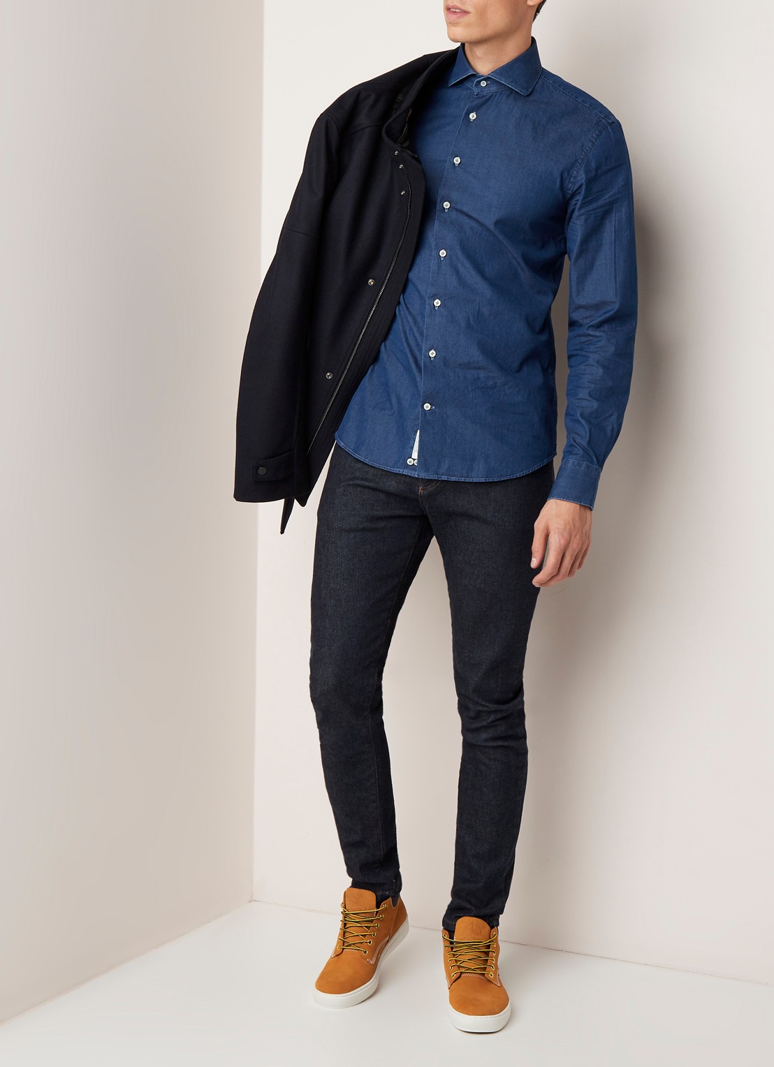 Profuomo Slim fit chambray overhemd met garment dye - voorkant 2 indigo