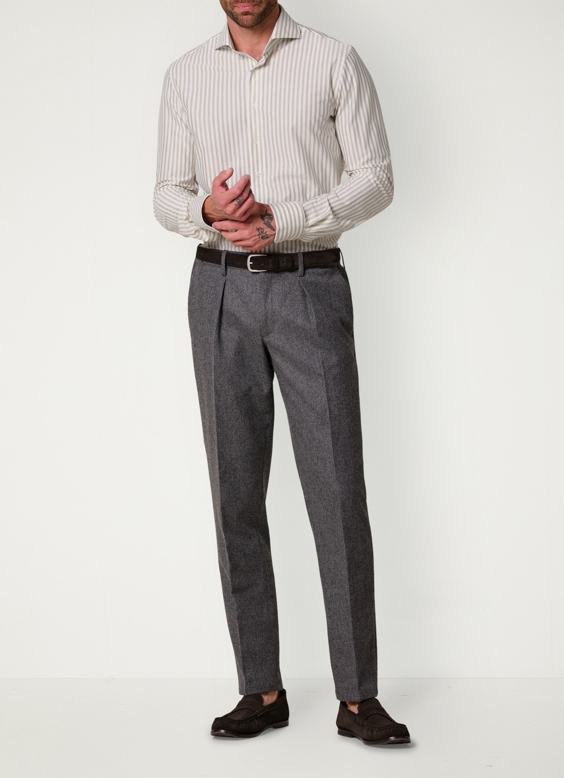 Profuomo Slim fit Japanese knitted shirt overhemd met streepprint - voorkant 2 beige