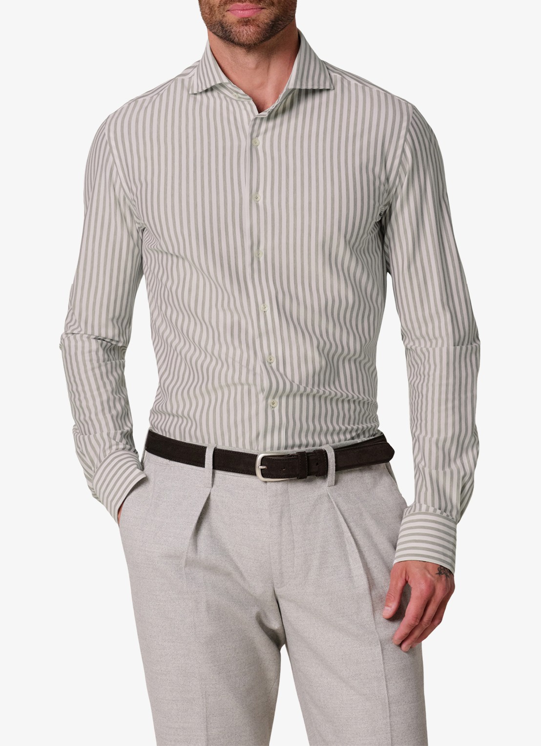 Profuomo Slim fit Japanese knitted shirt overhemd met streepprint - detail 4 grijs