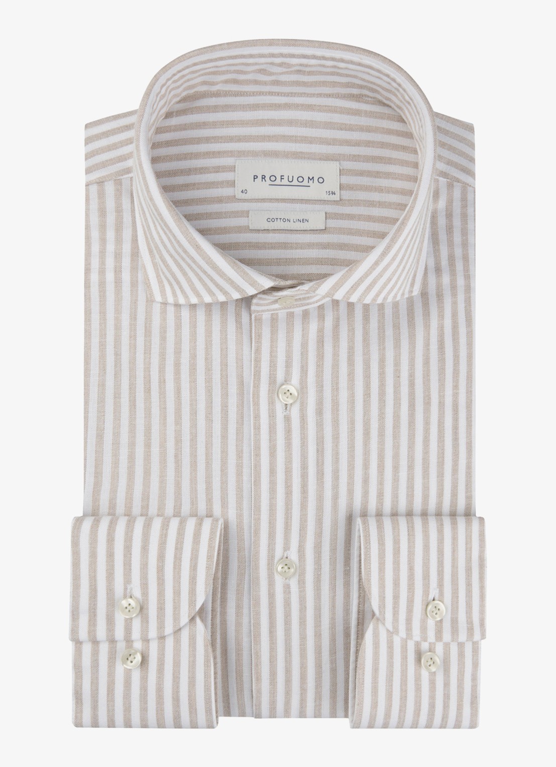 Profuomo Slim fit overhemd in linnenblend met streepprint - voorkant 2 beige