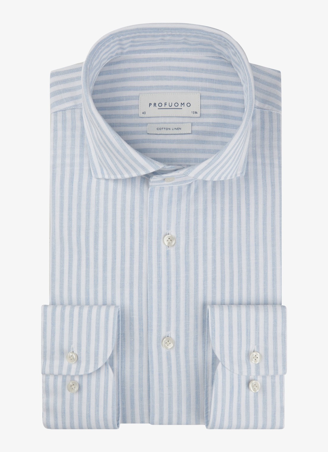 Profuomo Slim fit overhemd in linnenblend met streepprint - voorkant blauw