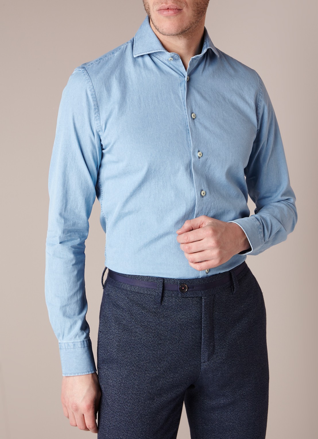 Profuomo Slim fit overhemd met denim look - detail 3 indigo