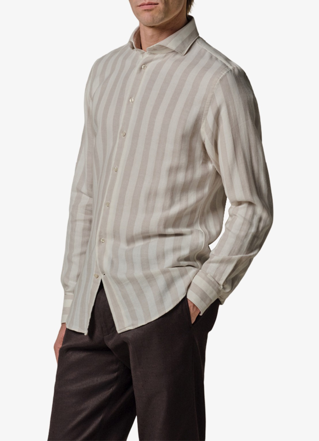 Profuomo Slim fit overhemd met streepprint in linnenblend - detail beige