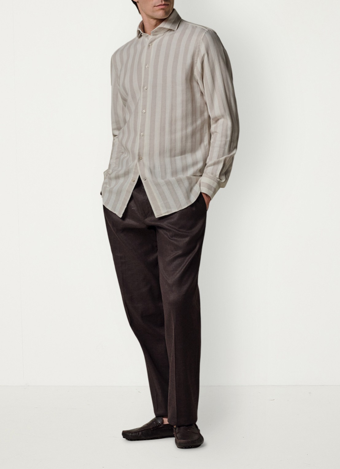 Profuomo Slim fit overhemd met streepprint in linnenblend - voorkant 6 beige