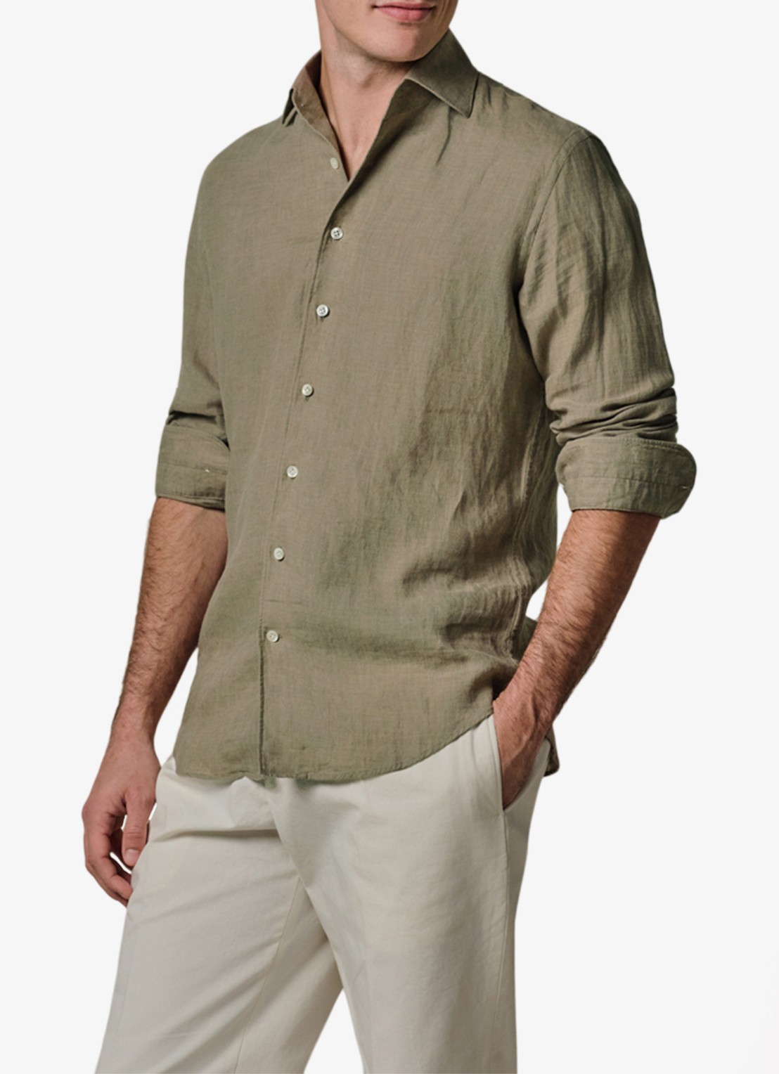 Profuomo Slim fit overhemd van linnen - detail 3 middengroen