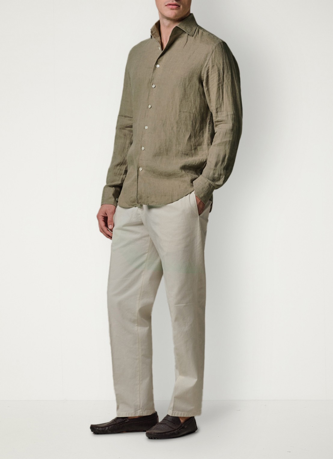 Profuomo Slim fit overhemd van linnen - voorkant 2 middengroen