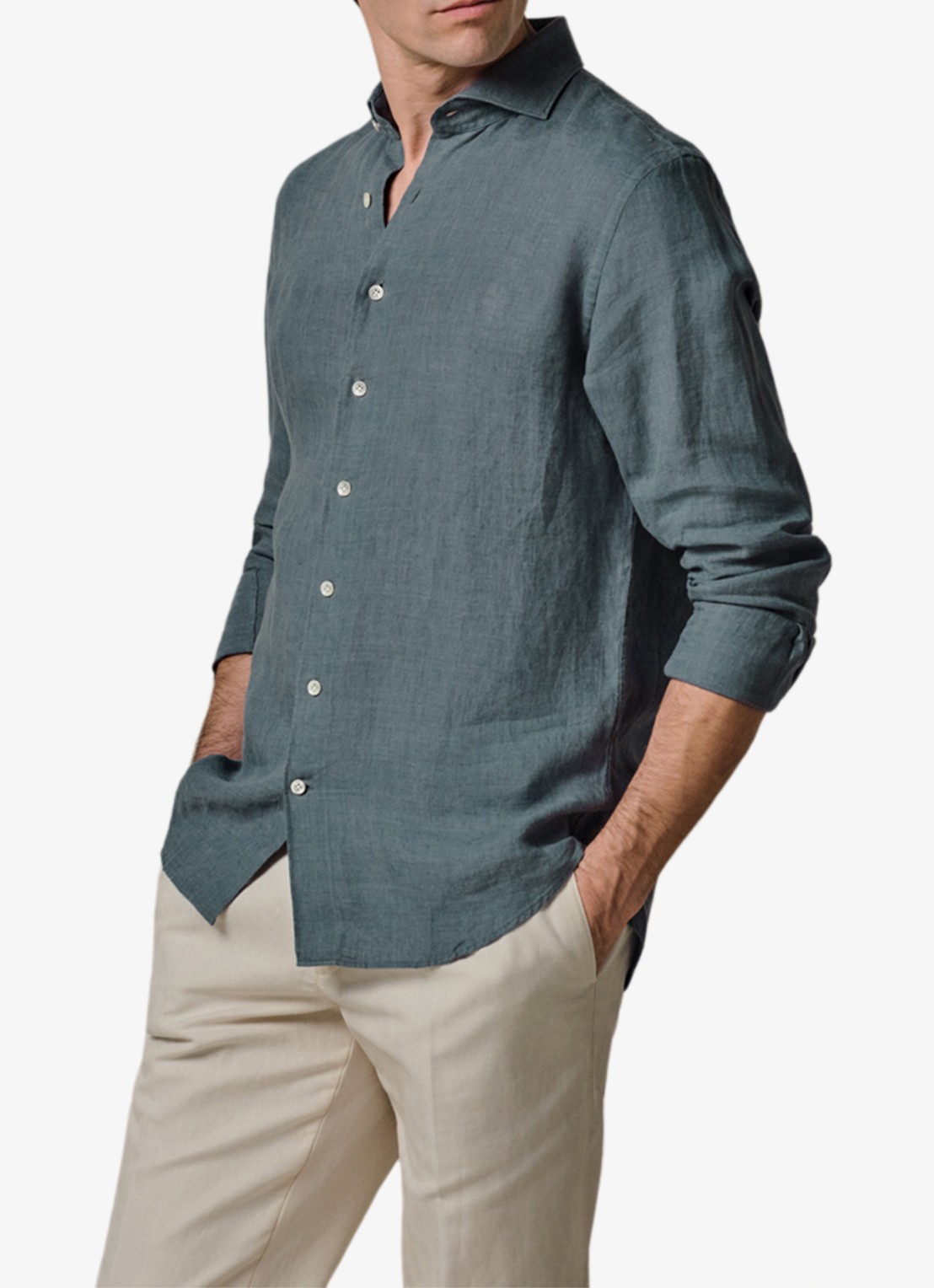 Profuomo Slim fit overhemd van linnen - detail blauwgrijs
