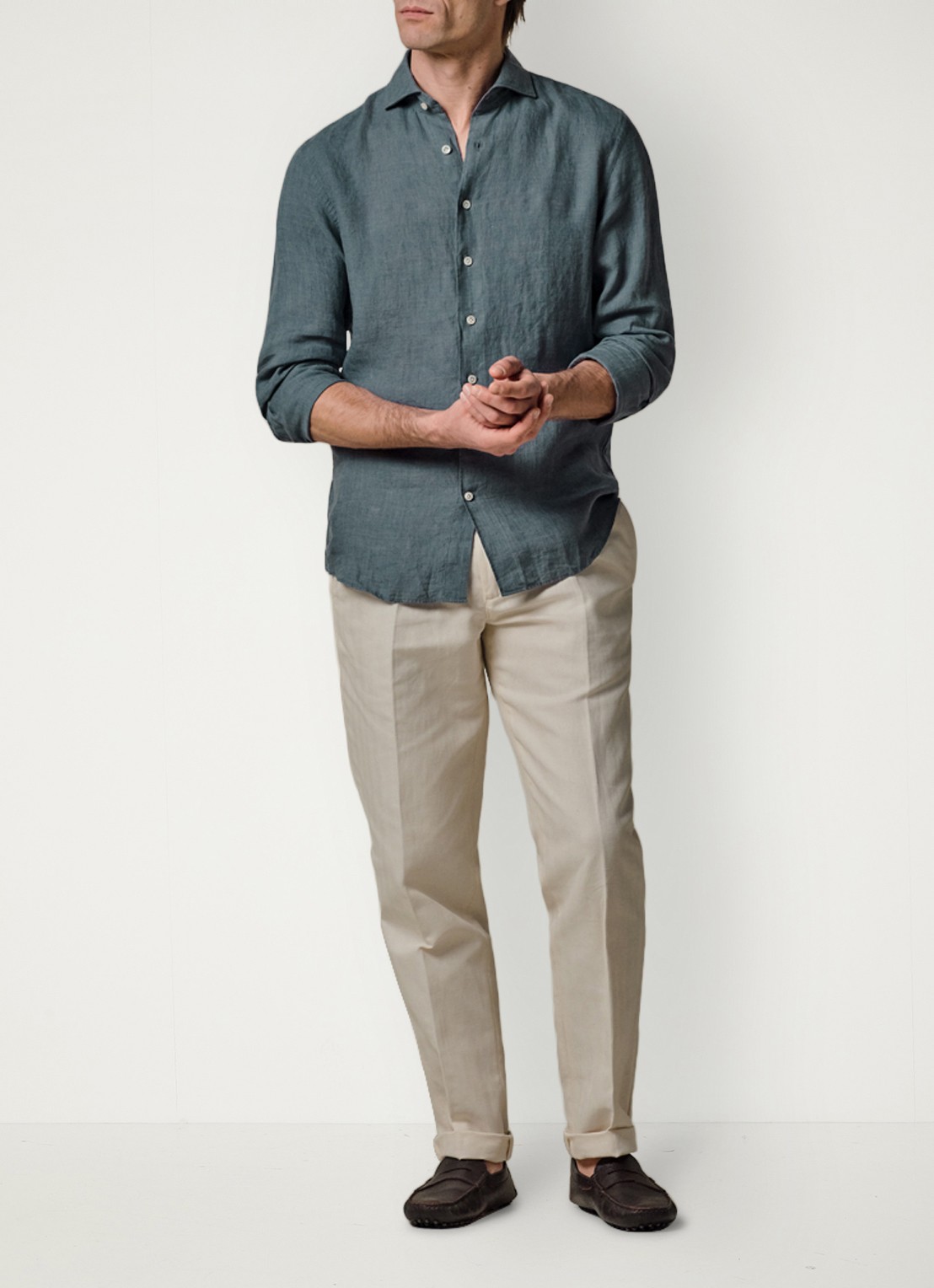 Profuomo Slim fit overhemd van linnen - voorkant 6 blauwgrijs