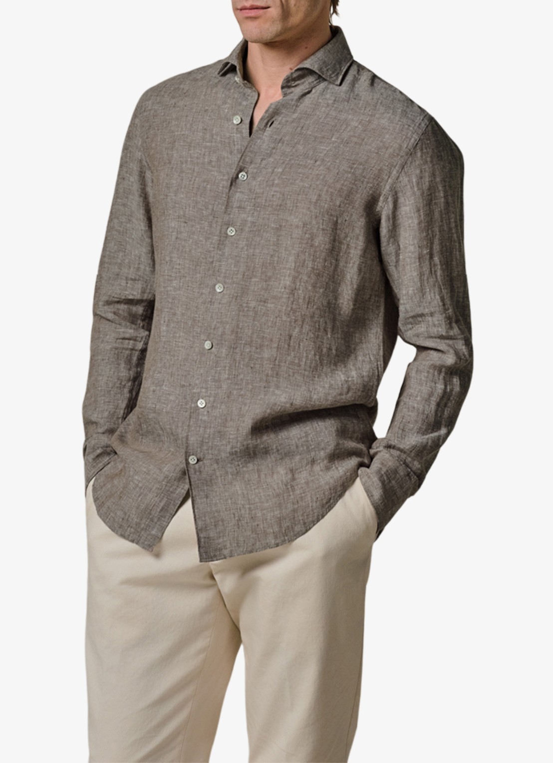 Profuomo Slim fit overhemd van linnen - detail 4 bruin