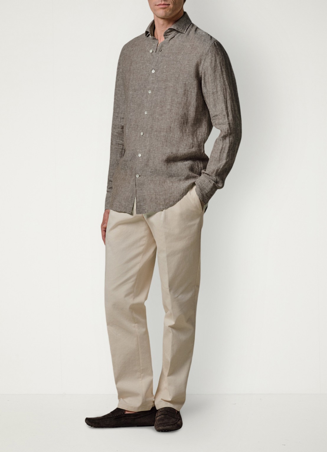 Profuomo Slim fit overhemd van linnen - voorkant 2 bruin