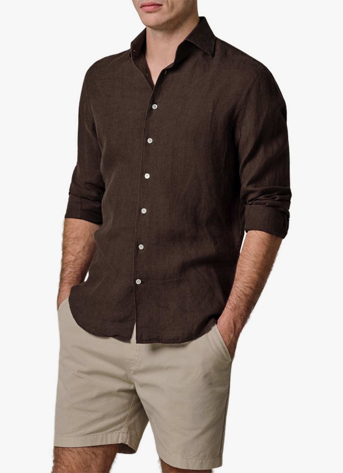 Profuomo Slim fit overhemd van linnen - detail 3 bruin