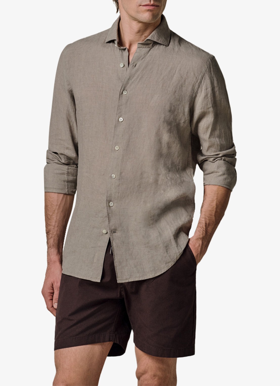 Profuomo Slim fit overhemd van linnen - detail taupe
