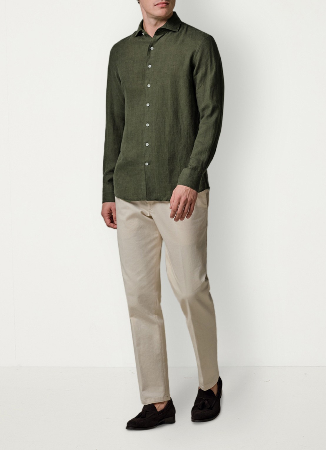 Profuomo Slim fit overhemd van linnen - voorkant 3 groen