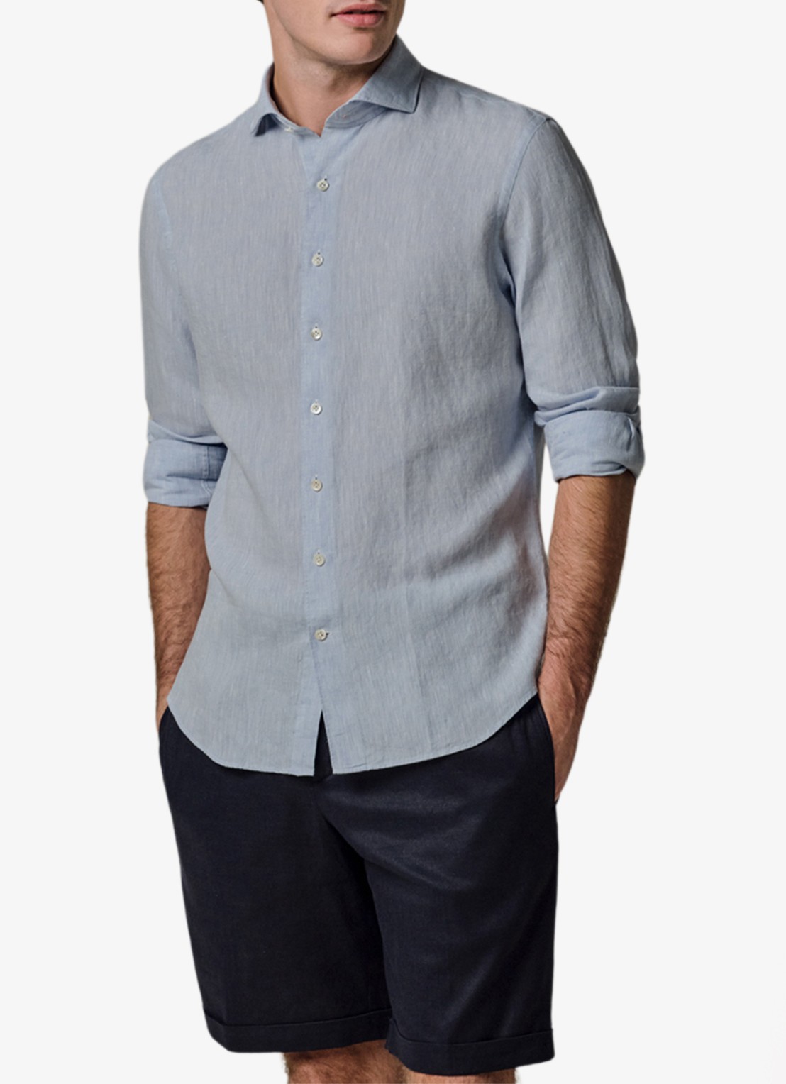 Profuomo Slim fit overhemd van linnen - detail lichtblauw