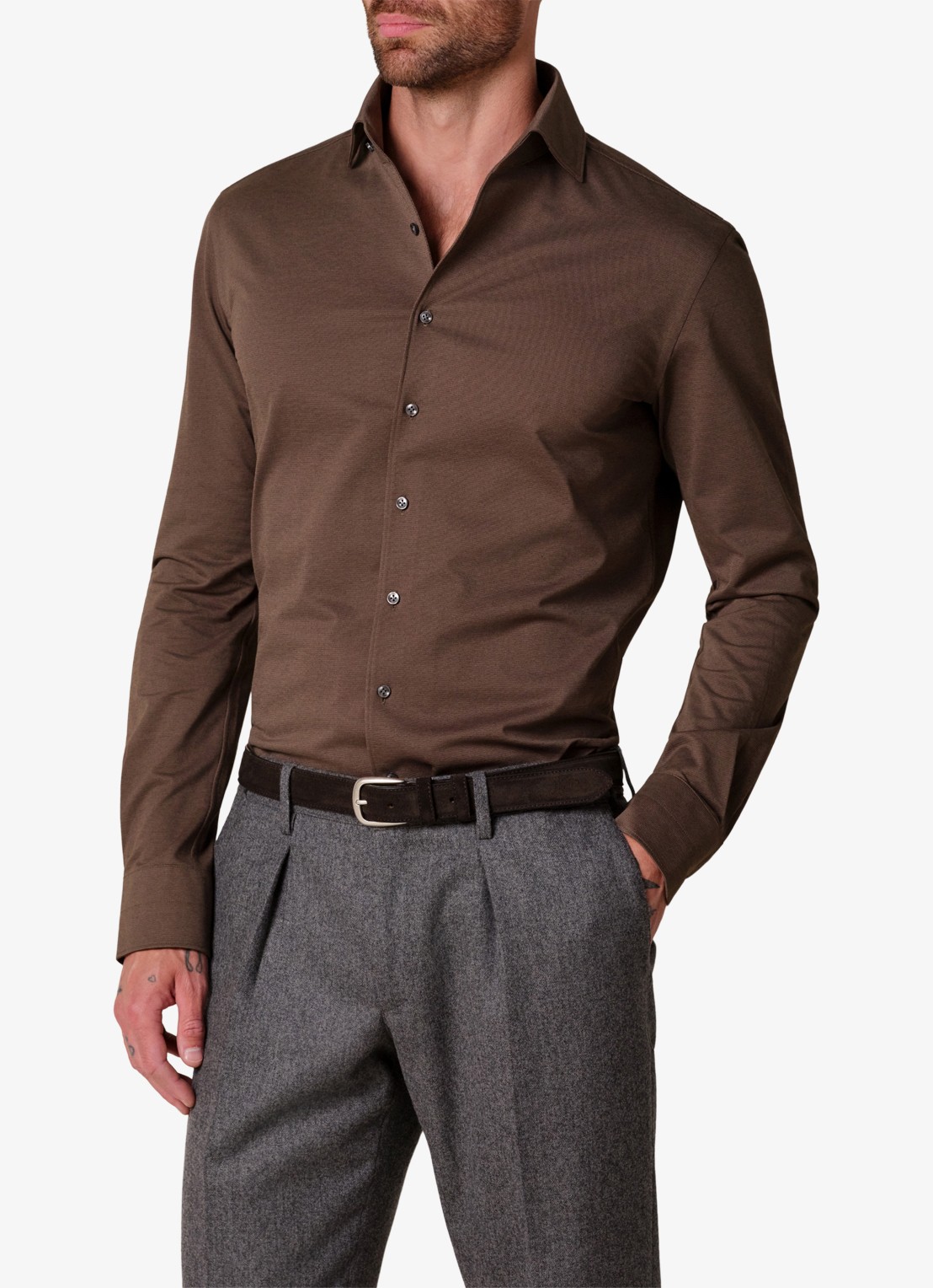 Profuomo Slim fit overhemd - detail 4 chocoladebruin