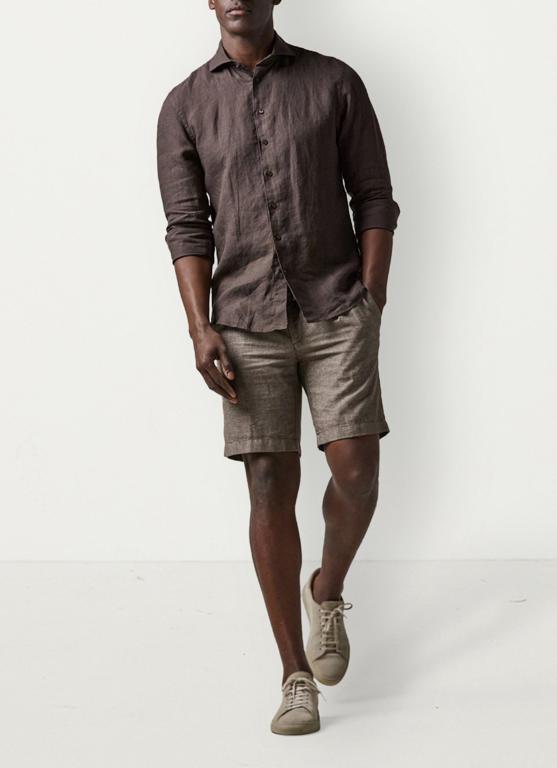 Profuomo Straight fit korte broek in linnenblend - voorkant 5 bruin