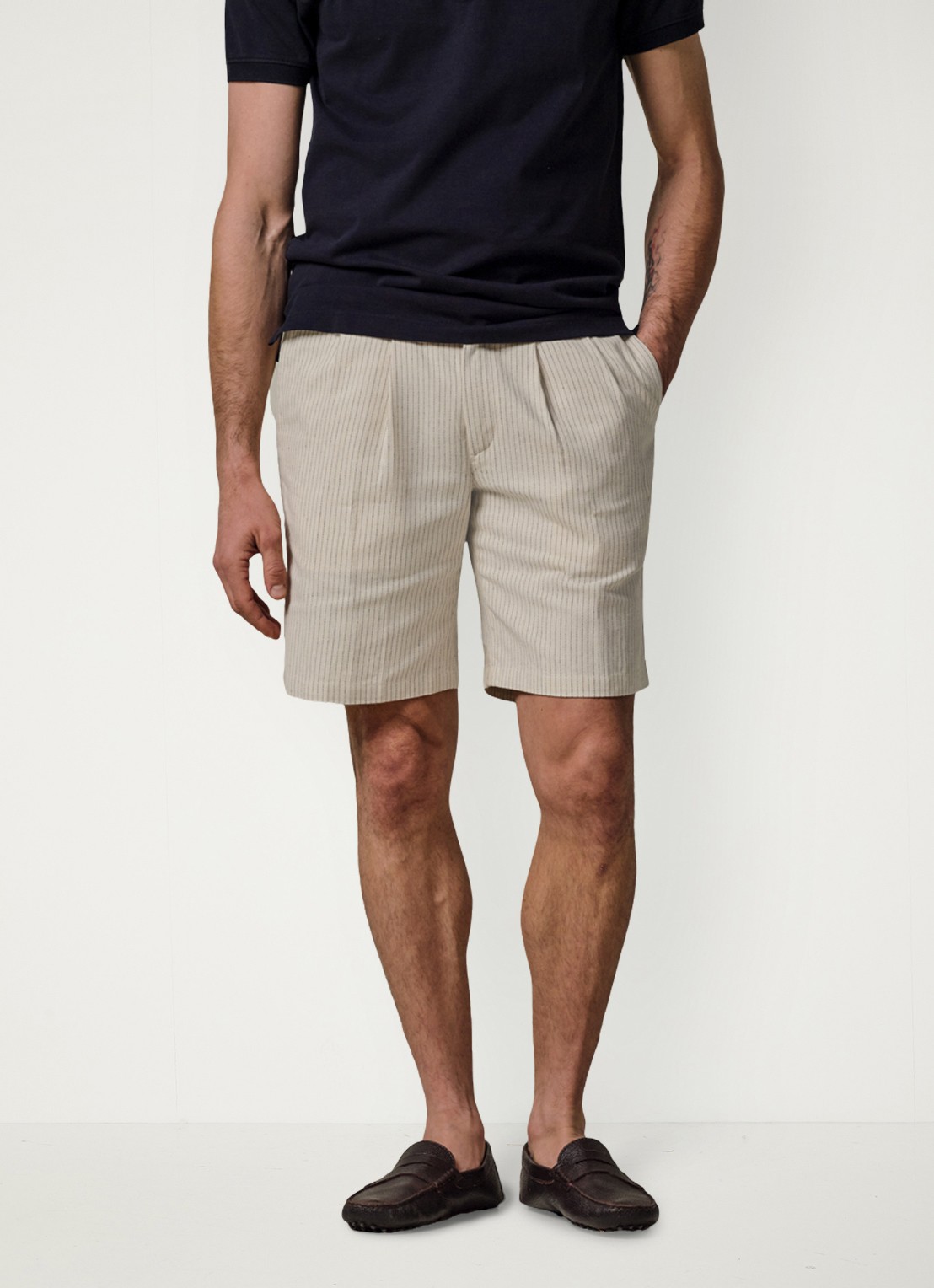 Profuomo Straight fit korte broek in linnenblend - detail gebroken wit