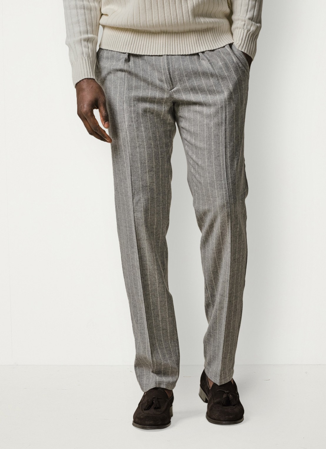Profuomo Straight fit pantalon in scheerwolblend met streepprint - detail grijsmele